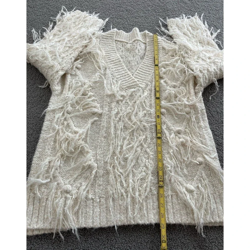 Anthropologie Fringed Boho Pullover Oversized Ivory Preppy Sweater Top Sz M New